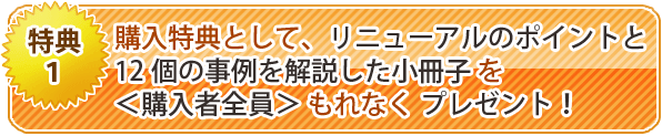 <特典1>購入特典として、リニューアルのポイントと12個の事例を